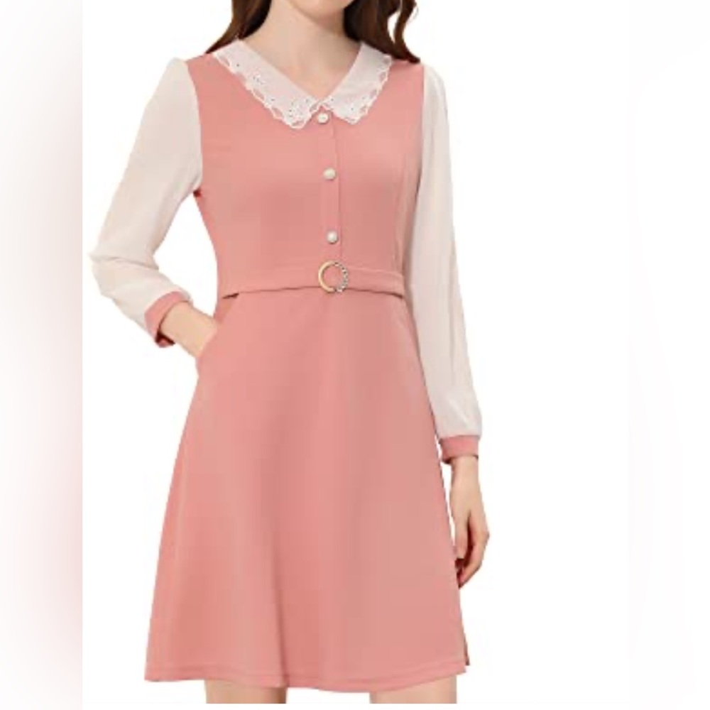 Allegra K Vintage Inspired Pink Long Sleeve Dress with White  Lace Collar